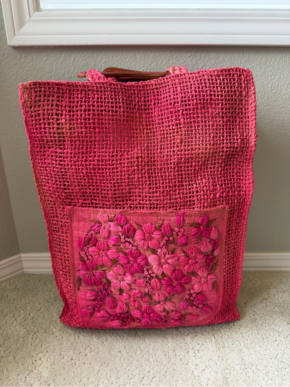 Handcrafted Pink Floral Crochet Travel Tote Bag